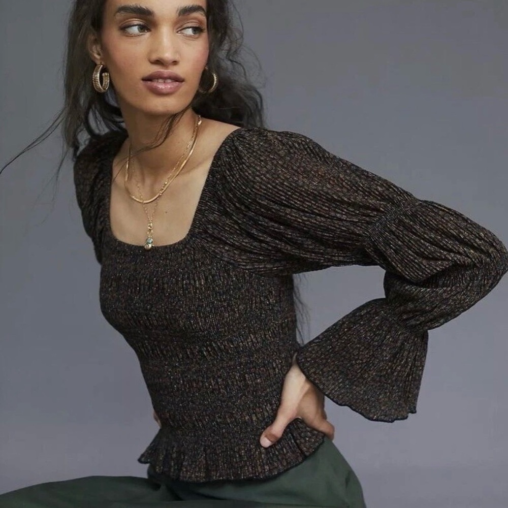 Anthropologie Bishop Smocked Off The Shoulder Top Brown Long Sleeve Ruffles: L